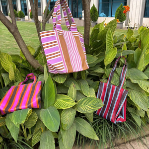 Eco-Friendly Reusable Nylon Shopping <b>Bag</b> Large RPET Zipper Striped Handloom Woven Recycled Plastic Beach <b>Bags</b> Made India - Product Image 2