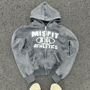 Vintage Cropped Zip <b>Hoodie</b> Custom Heavyweight 100% Cotton <b>Grey</b> Stone Washed Distressed Style Patchwork Embroidery Winter - Product Image 1