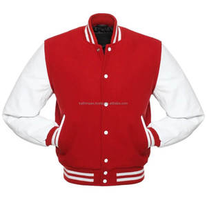 Unisex College Varsity <b>Jacket</b> Snap Button Closure Ready Stock Red <b>White</b> Wool Body Leather Sleeves Custom Embroidery Stand Spring - Product Image 1