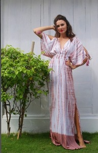Robe longue de plage Kaftan Tie-Dye Marron en Coton Doux Écologique avec Doublure en Soie, Coupe Ample Longueur Ras du Sol, Grande Taille, Style Bohème Estival - Product Image 3