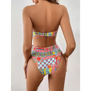 Conjunto de Bikini de Dos Piezas con Estampado Bohemio y Cintura Alta, 100% Poliéster, Personalizable para Natación, Playa y Vacaciones en la Piscina - Product Image 4