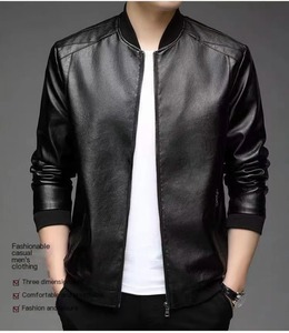 Chaqueta de cuero de bombardero para hombre con cuello levantado Chaqueta de invierno de lana de moda Cierre de cremallera Abrigo de cuero de primavera y otoño - Product Image 2