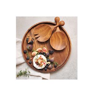 Assiette en bois naturel Visage de chat avec cuillère à salade Assiette design pour la décoration intérieure plateau de service forme ronde couleur foncée - Product Image 1