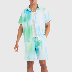 2025 verano hombres Casual traje de dos piezas transpirable camisa de manga corta y pantalones cortos patrón sólido - Product Image 2