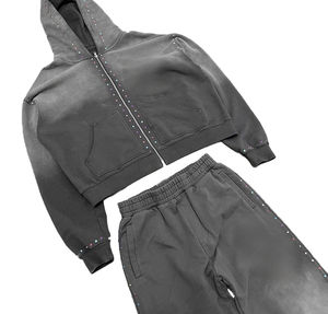 Custom Sweat Stack Pant Track Suits Acid Wash Tracksuits Rhinestone <b>Zip</b> <b>up</b> <b>Hoodie</b> and Flare Sweatpants Sweat suit Set for Men - Product Image 3