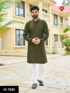 Vêtements ethniques indiens Prêt à porter Premium Rayon Men's Wear Kurta avec broderie et paillettes Work et Raymond Cotton Pyjama - Product Image 3