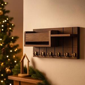 Porte-clés rustique en bois de manguier avec plusieurs crochets métalliques pour entrée et salon, disponible en gros - Product Image 1