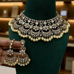 Antique Finish Diamond Look Choker Set with Pearl Jhumkas High Quality Ethnic Wedding Jewelry Brass <b>Moon</b> Shape Bezel Setting - Product Image 1