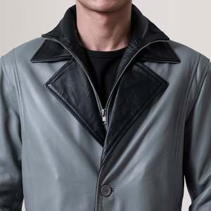Manteau long à simple boutonnage pour homme Charlton, en tissu de laine, avec capuche, décorations boutonnées, style trench imprimé, aspect cuir gris - Product Image 6
