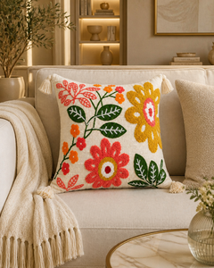 Coussin décoratif en coton brodé à la main avec motif floral, style bohème, avec pompons, pour la décoration de la maison - Product Image 6