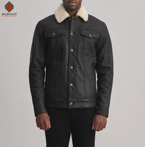 Veste en cuir décontractée d'hiver pour homme, noire unie, avec doublure en laine, fermeture éclair et col mandarin |   Service OEM de style bombardier - Product Image 5