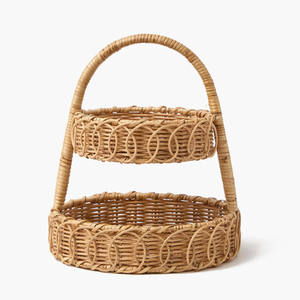 Round 2-Tier Rattan Serving Stand Rattan <b>Basket</b> with <b>Handles</b> Handmade <b>Wicker</b> Serving Tray - Product Image 1