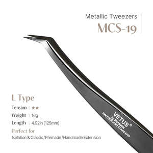 Pince à épiler métallique en acier inoxydable en forme de L MCS-19, pointe lisse, applicateur volumétrique de précision pour cils, fibre pour cils - Product Image 2