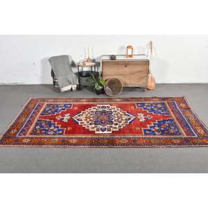 Alfombra Kilim clásica roja y azul de 5,2x10,9 pies, alfombras rectangulares turcas de área grande de lana, respaldo de látex de 10mm de espesor para sala de pasillo - Product Image 1