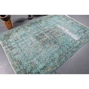 Alfombra turca antigua azul verde de 5x7 pies, lana clásica de área grande con respaldo de látex, patrones abstractos rectangulares para uso en el pasillo - Product Image 2