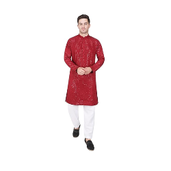 ชุดชุดนอน Kurta ปักเลื่อมสีแดงเข้มของผู้ชายเสื้อนอกเครื่องประดับแฟชั่น - Product Image 1