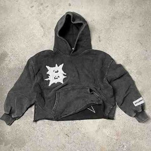 Sudadera con capucha recortada Vintage con lavado ácido para hombre, logotipo personalizado, retales bordados, desgastados, 100% algodón, sin cuerdas, corte de primavera - Product Image 4