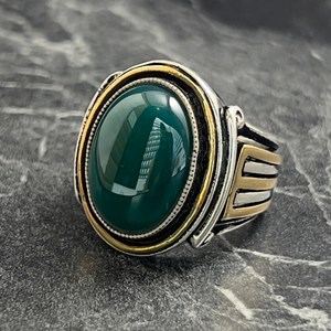 <b>Silver</b> Oval Green Agate Gemstone Men's <b>Ring</b> Handmade 925K Sterling <b>Silver</b> Greek Columns Motif 18K Plating Genuine Agate Stone - Product Image 3
