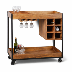 Armoire à vin portable industrielle classique de couleur naturelle, chariot de service à vin en bois avec roulettes, meubles de cuisine AKKU ART - Product Image 2