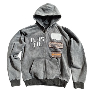 Sudadera con Capucha para Hombre, Diseño Desgastado, Bordada, Lavado Ácido, Transpirable, con Cierre, Personalizable, Gruesa, 100% Algodón Terry, Fabricantes OEM - Product Image 1