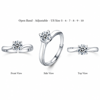 Bague de fiançailles minimaliste en argent sterling S925 pour femme, ajustable, à 4 griffes, avec moissanite 1 carat D VVS 3EX