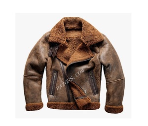 Veste d'aviateur en cuir véritable de mouton, style pilote, effet vieilli, avec doublure chaude en fourrure Sherpa, pour l'hiver - Product Image 1