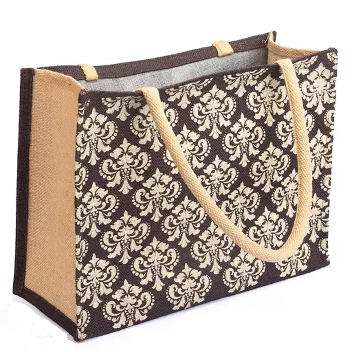 Eco friendly & customized printed dyed jute burlap shopping bag with cotton webbing tape handle