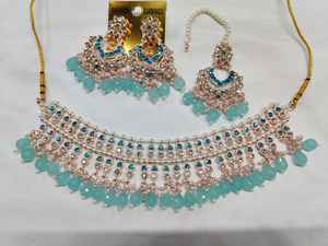 Most Trendy Ethnic <b>Indian</b> Wedding Engagement CZ Stone Studded Pearl Work Choker Necklace <b>Set</b> Earrings Mangtika <b>Set</b> - Product Image 4