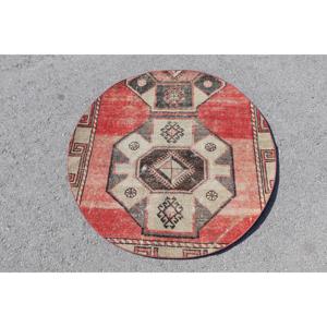 พรมตุรกีโบราณ ทรงกลม ขนาด 3.5x3.5 ฟุต (106x107 ซม.) พรมขนสัตว์สีแดงสไตล์ตะวันตกเฉียงใต้ - Product Image 1