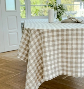 Linge de table vichy classique <span class=keywords><strong>Beige</strong></span> grille blanche à carreaux fait à la main <span class=keywords><strong>nappe</strong></span> de dîner de ferme en <span class=keywords><strong>lin</strong></span> lavé - Product Image 2