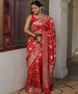 DESIGNER LICHI SILK JACQUARD WORK SAREE WITH UNSTITCHED <b>BLOUSE</b> WEDDING WEAR WHOLESALE PRICE ETHNIC GARMENT <b>RED</b> - Product Image 5