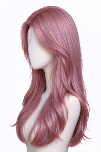 Perruque longue ondulée rose-brun 100% cheveux humains, raie au milieu, aspect naturel, pour femmes - Product Image 2
