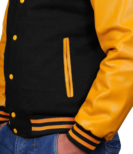 Chaqueta Universitaria de Alta Calidad, Estilo Bomber, Retro, Vintage, Azul Marino, Lana, Mangas de Cuero Dorado, Chaqueta Universitaria Personalizada - Product Image 4