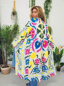 Multicolor Cotton Kimono with Embroidered Mandarin Collar Festival <b>Coat</b> - Product Image 6