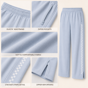 <span class=keywords><strong>Pantaloni</strong></span> da donna a gamba larga <span class=keywords><strong>con</strong></span> elastico in vita, casual, larghi, <span class=keywords><strong>con</strong></span> <span class=keywords><strong>tasche</strong></span> <span class=keywords><strong>con</strong></span> cerniera, striscia laterale a quadri e orlo <span class=keywords><strong>con</strong></span> cerniera - Product Image 1
