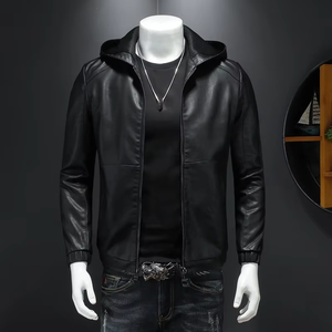 Blouson d'hiver pour homme en cuir PU, col montant, logo frontal, respirant, streetwear décontracté, fermeture éclair, doublure en coton de haute qualité - Product Image 5