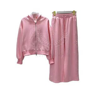 Ensemble de survêtement deux pièces pour femme, décontracté, uni, avec strass, style jogging, vente en gros - Product Image 1