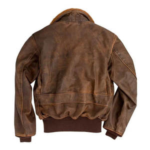 Chaqueta de Cuero Auténtico Marrón Desgastado para Hombre, Estilo Bomber con Cuello de Piel, Logotipo Frontal y Detalles de Tela de Lona - Product Image 2