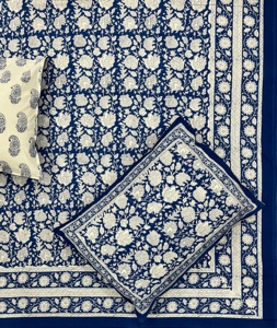 Indigo Blue Floral Motif Hand Block Printed 100% Cotton Bedsheet Set Classic Ivory Accents 3pcs for Hotels B&Bs Cooling Feature - Product Image 5
