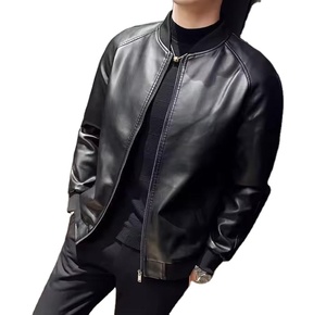 Chaqueta bomber informal estilo coreano, corte bomber, tela de lona con aspecto de cuero, cuello alto, diseño moderno y holgado. - Product Image 2