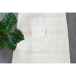 1.9x10.4 ft Vintage Rug, Turkish Runner Rug, White <b>Yellow</b> Solid <b>Wool</b> Rug - Product Image 5