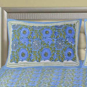 Blue Jaipuri Hand Block Print 240 TC Cotton Super <b>King</b> <b>Size</b> Double Bed <b>Sheet</b> with 2 Floral Pillow Covers Eco-Friendly (ALDB1004) - Product Image 3