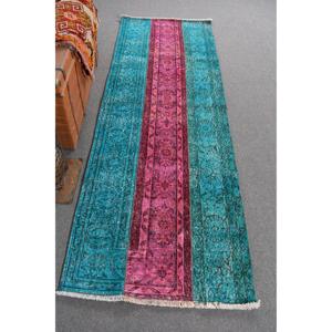 Alfombra Turca de 2.8x8.2 pies, Alfombra de Lana Sólida Vintage Azul Rosa - Product Image 1