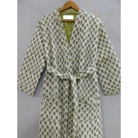 Albornoz estampado de bloque de algodón suave para mujer, camisón acolchado, ropa de playa, Kimono, chaqueta, ropa de dormir larga
