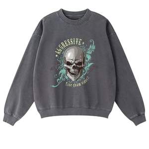 Sudadera personalizada con estampado de calavera y lavado ácido, Jersey vintage de cuello redondo de gran tamaño, 100% de algodón para invierno, ropa de calle para hombres y mujeres - Product Image 4