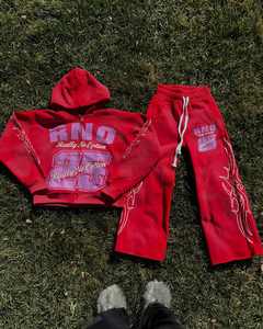 Chándal bordado desgastado de dos piezas de algodón personalizado, chándal de gran tamaño estilo callejero acampanado vintage lavado ácido - Product Image 6