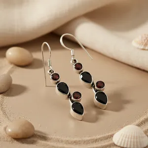 Gorgeous Gold-Plated Sterling Silver Vintage <b>Garnet</b> & Opal Drop <b>Earrings</b> for Women's Wedding & Party Jewelry - Product Image 1