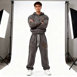 Wholesale Custom Men Leopard Streetwear Tracksuit Rhinestone Embroidery Hoodie and Flared Jogger <b>Sweatpants</b> <b>Set</b>. - Product Image 5