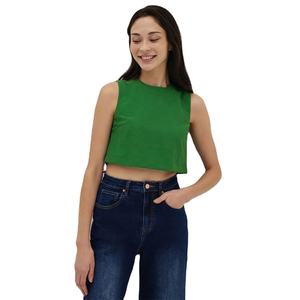 Top corto sin mangas para mujer más vendido, mezcla de algodón verde sólido, cuello alto, camiseta sin mangas de verano informal, ropa al por mayor de etiqueta privada OEM - Product Image 2