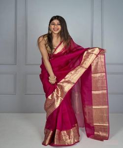 Elegante Sari de Algodón Pattu para Mujer con Tejido Banarasi y Borde de Encaje Jacquard, Lavable, para Bodas - Product Image 5